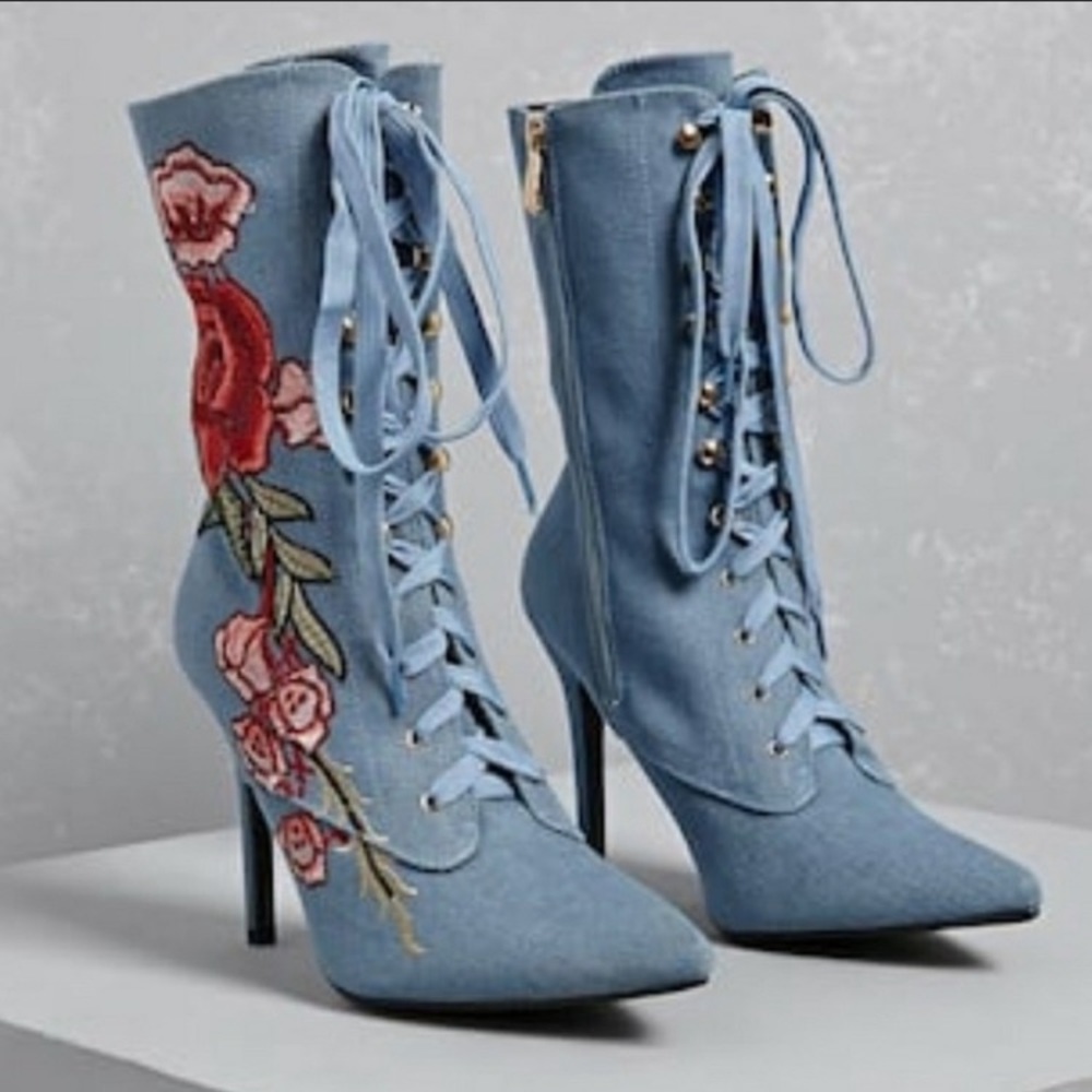 Blue jean floral boots sz - Picture 2 of 2